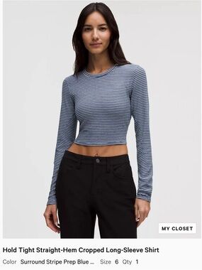 NWT lululemon hold tight straight hem Cropped Long-Sleeve Tee Blue Stripe 6